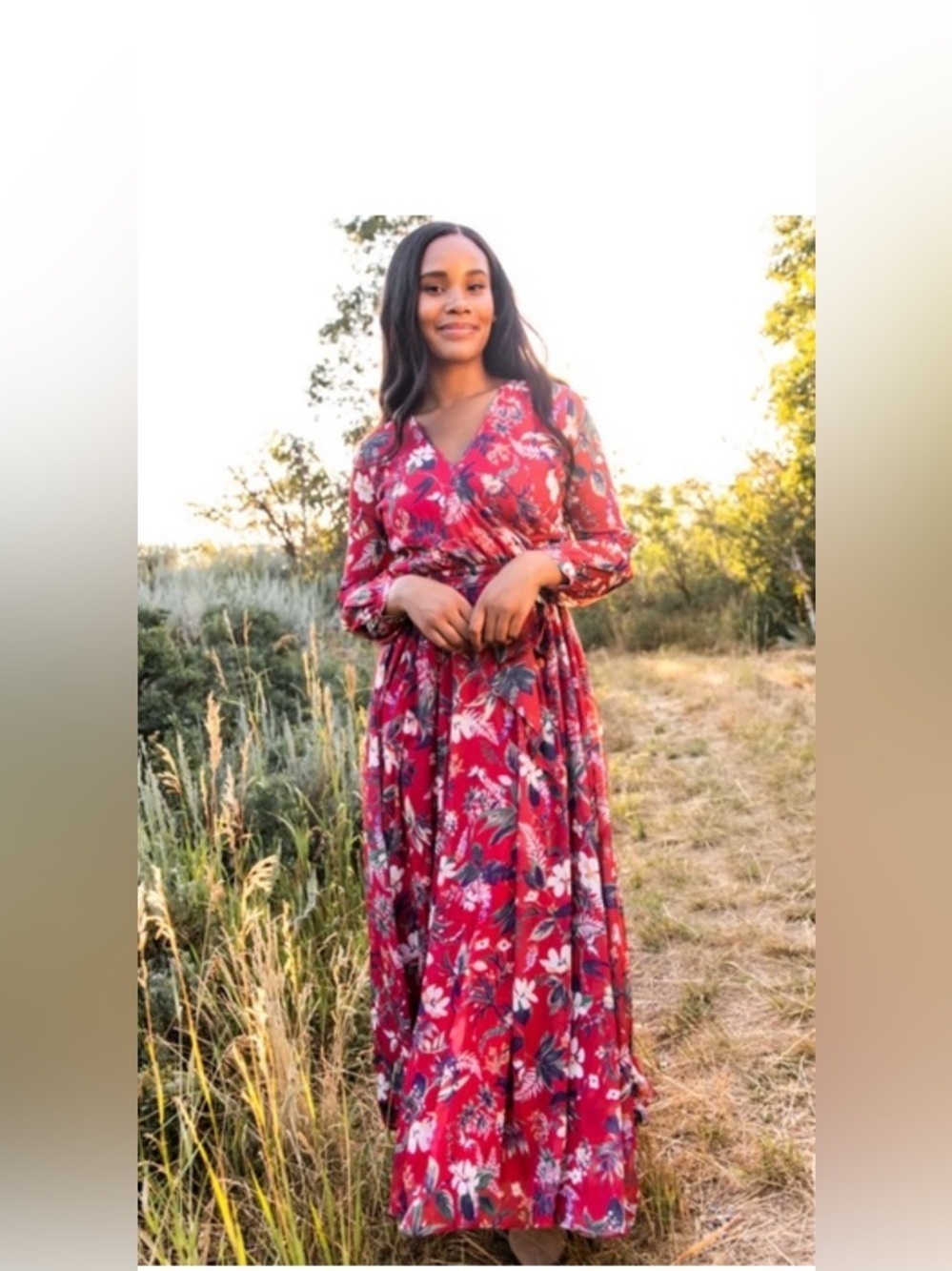 Ivy City Co. Laney Red Floral Faux Wrap Maxi Dress - Romantic Bohemian M